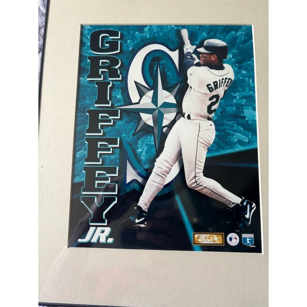 Ken Griffey Jr & Sr Memorabilia Lot Framed Mariners Print + 6 MLB Cards